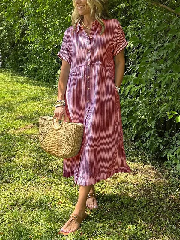 Women's Striped Midi Dress | Button-Down Short Sleeve-4