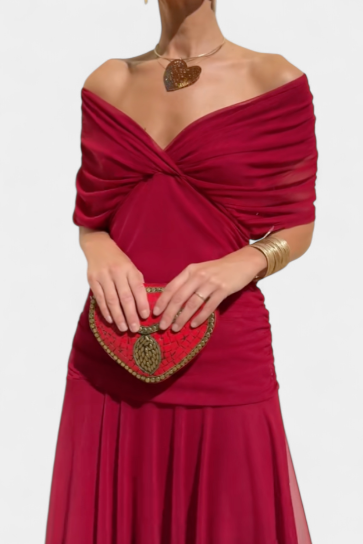Women's Off Shoulder Ruched Gown | V Neck Maxi-16