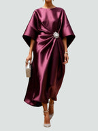 Women's Draped Midi Dress | Batwing Sleeve Formal-2