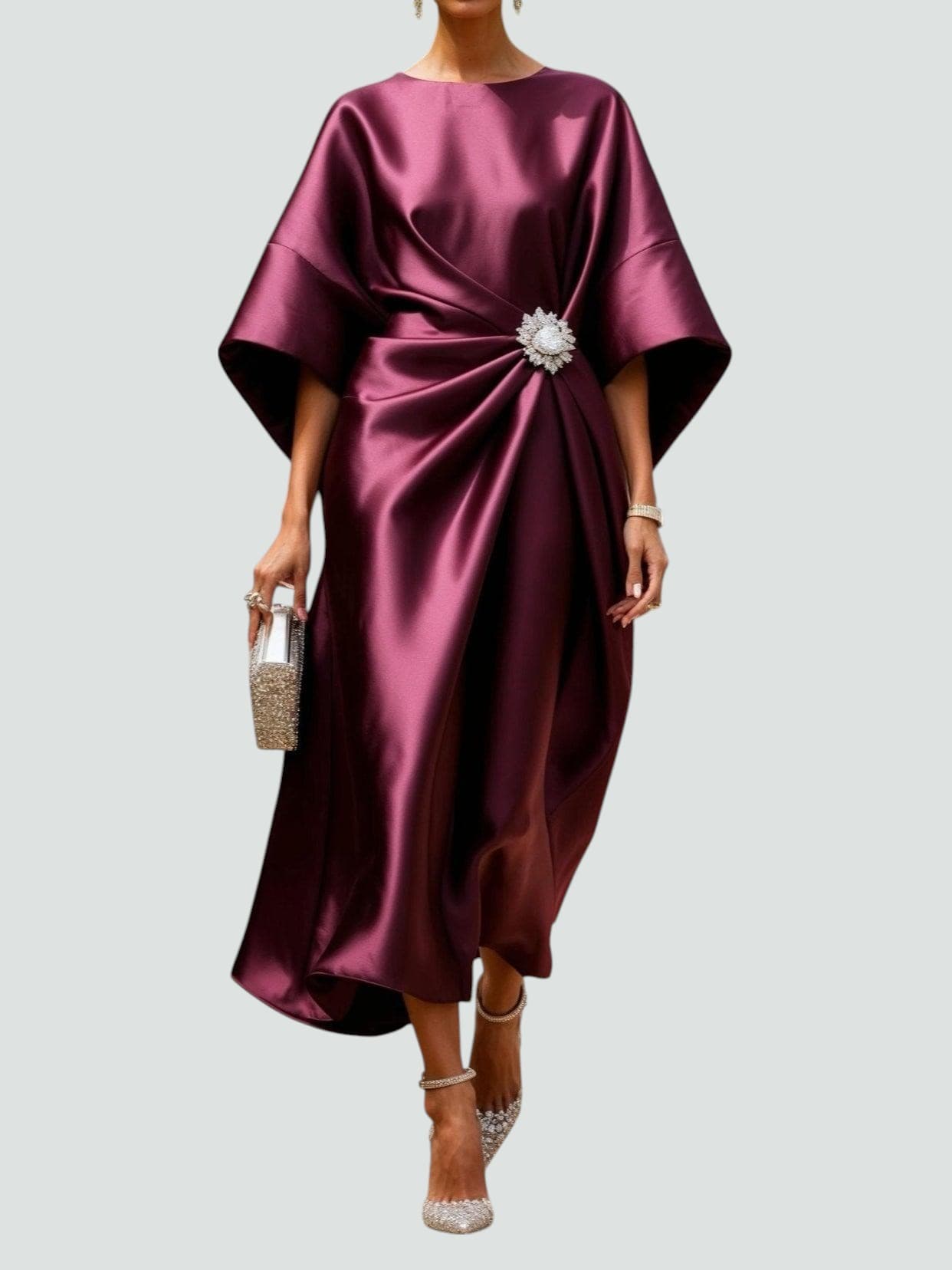 Women's Draped Midi Dress | Batwing Sleeve Formal-2