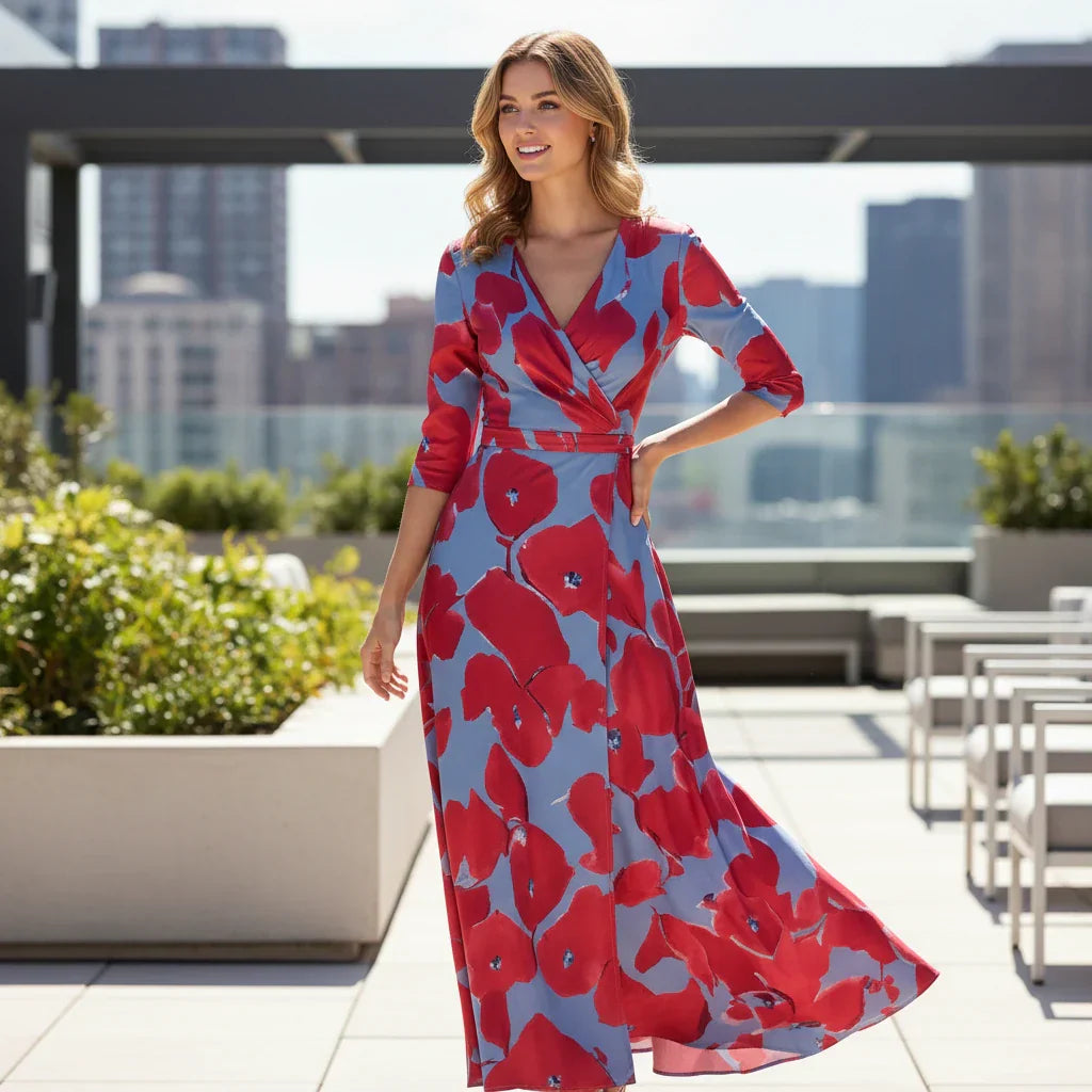 Women's Floral Wrap Maxi Dress | V-Neck 3/4 Sleeve-1