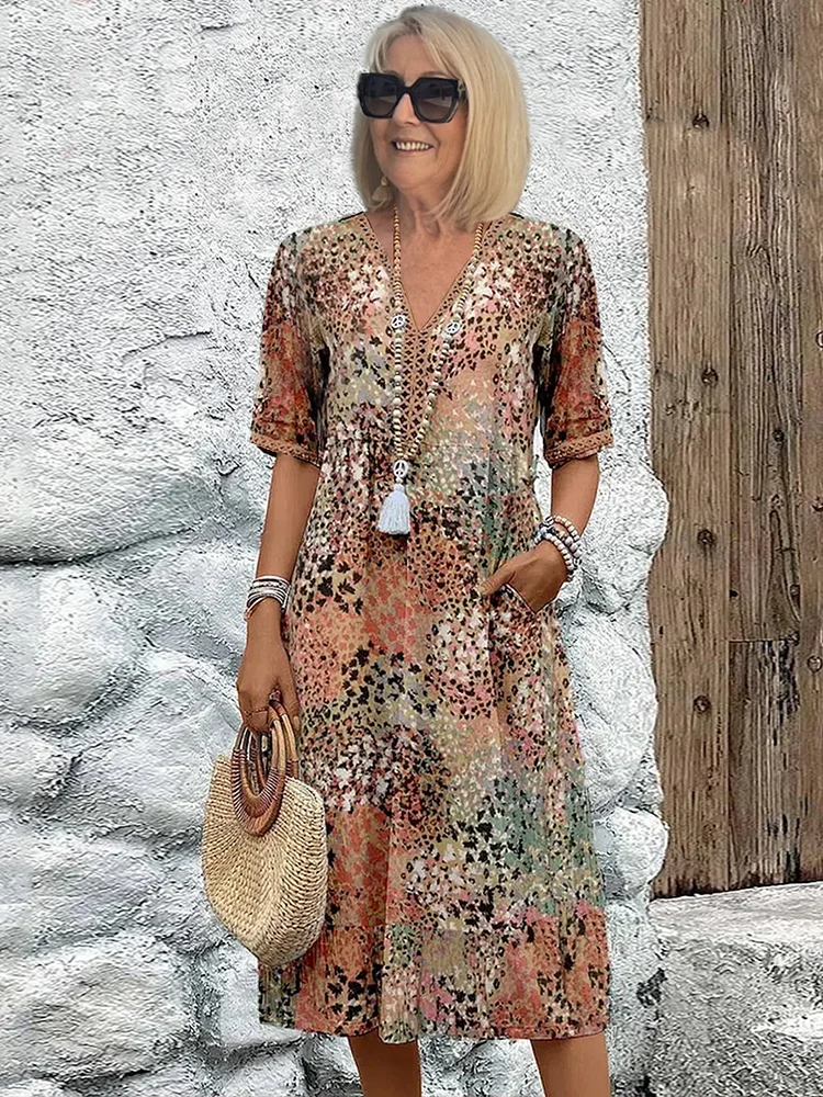 Women's Floral V-Neck Midi Dress | Half Sleeve-5
