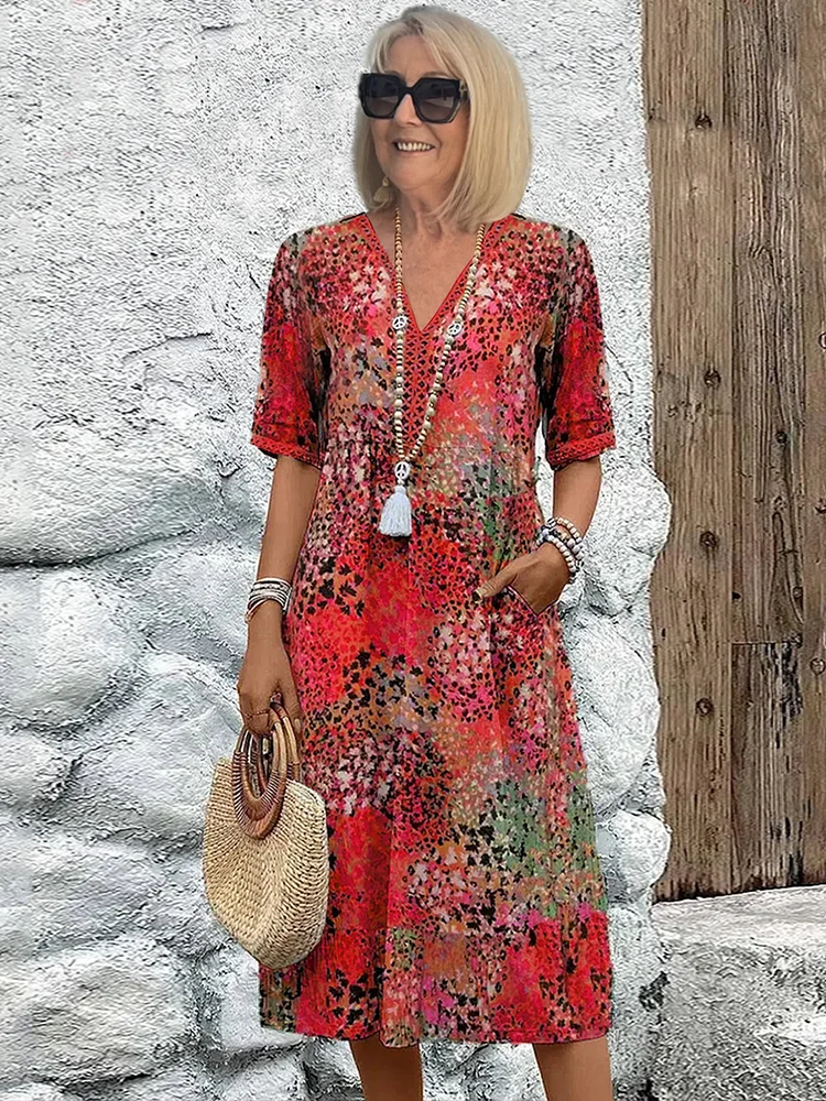Women's Floral V-Neck Midi Dress | Half Sleeve-1