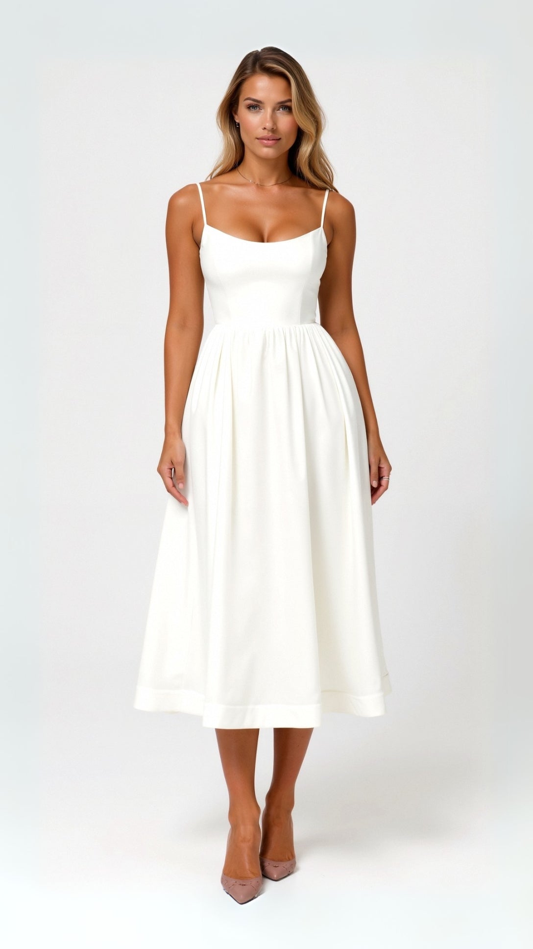 Women's White A-Line Midi Dress | Wedding Guest-1