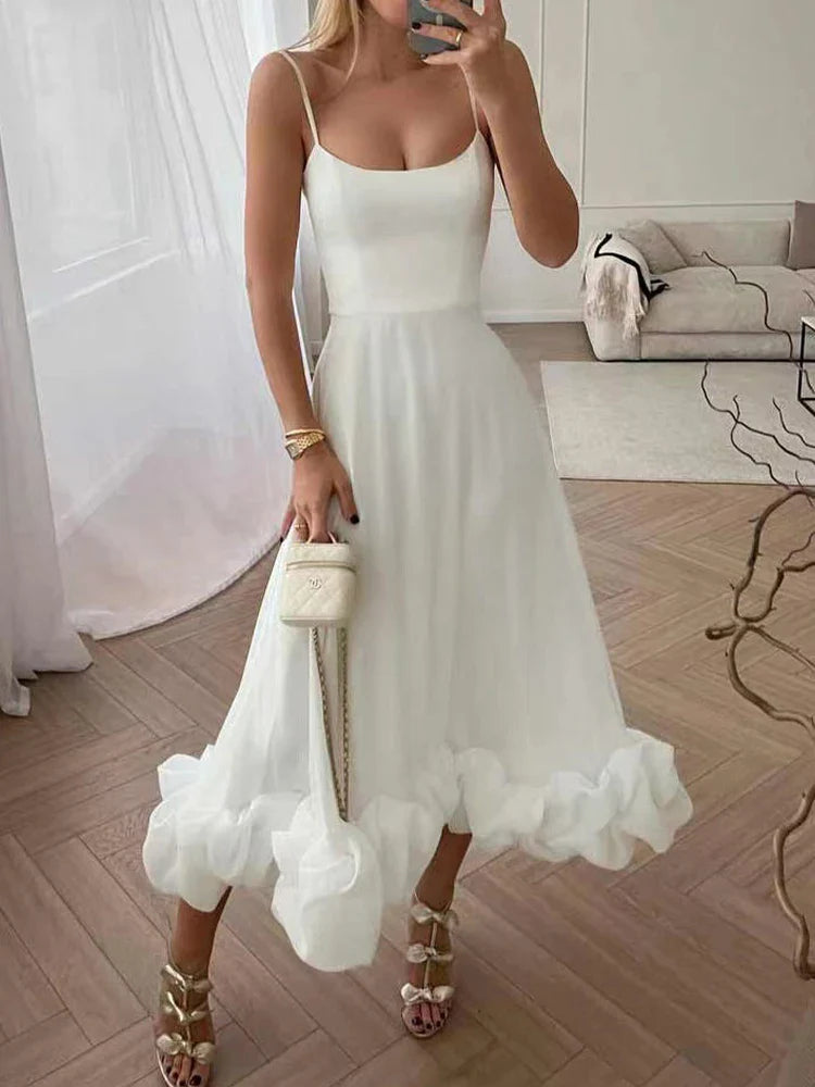 Women's White Midi Dress | Ruffle Hem Elegant-1