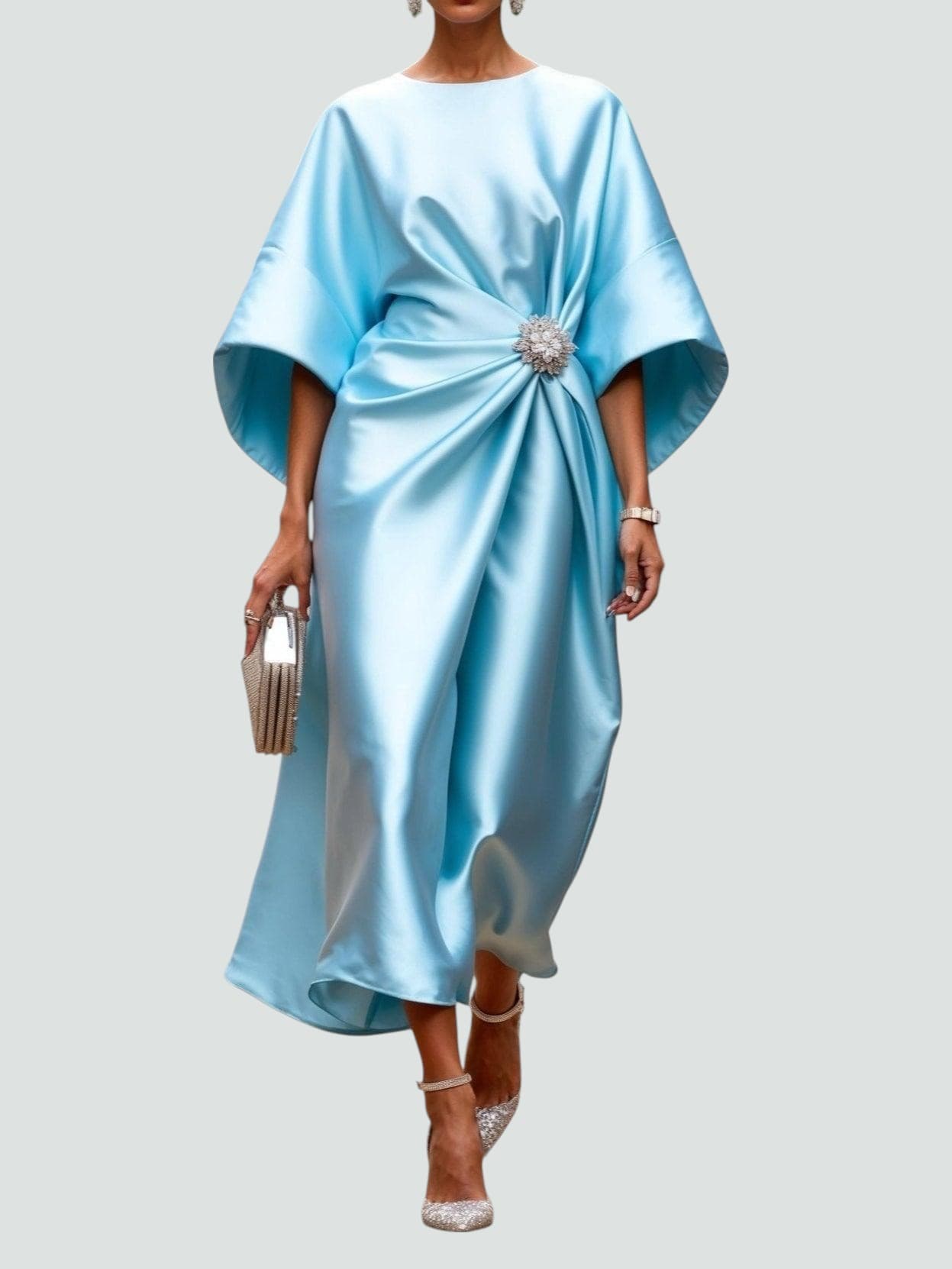 Women's Draped Midi Dress | Batwing Sleeve Formal-3