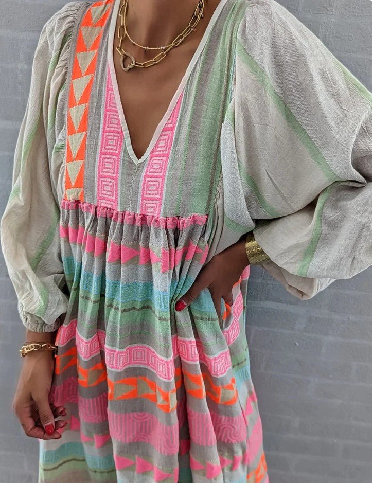 Women's Boho Striped Maxi Dress | Summer V-Neck-4
