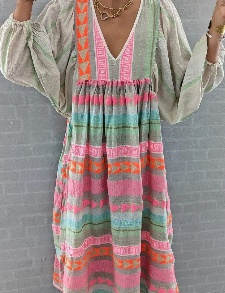 Women's Boho Striped Maxi Dress | Summer V-Neck-2