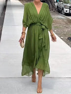 Women's Boho Midi Dress | V-Neck Belted Flowy-1