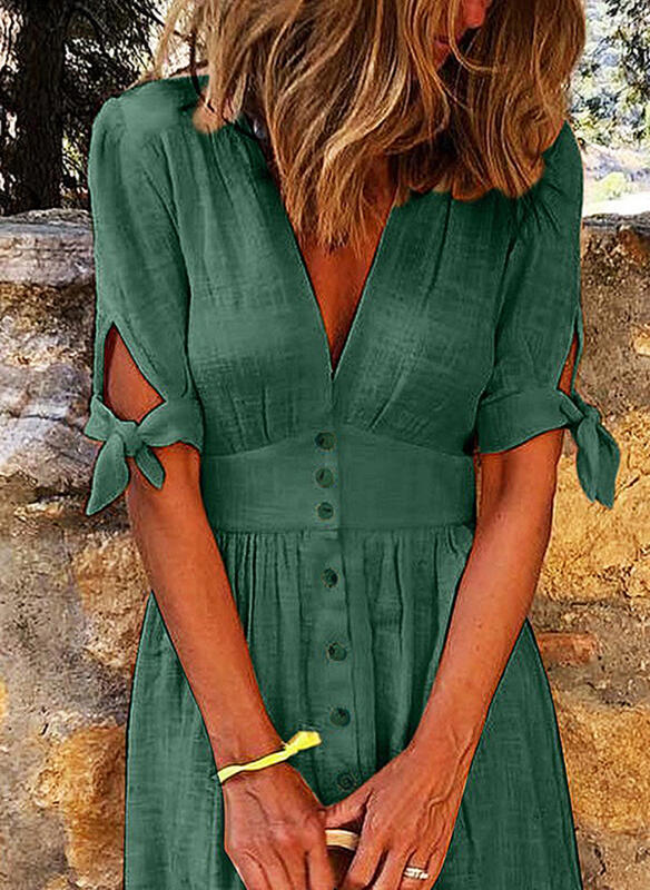 Women's Summer Midi Dress | V-Neck Button-2