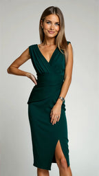 Women's Red Pleated Midi Dress | Cocktail V-Neck-2