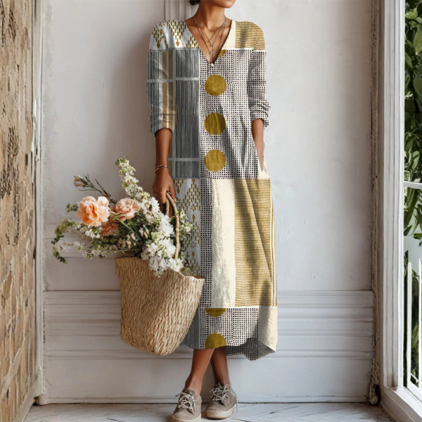 Women's Boho Patchwork Maxi Dress | Casual V-Neck-1