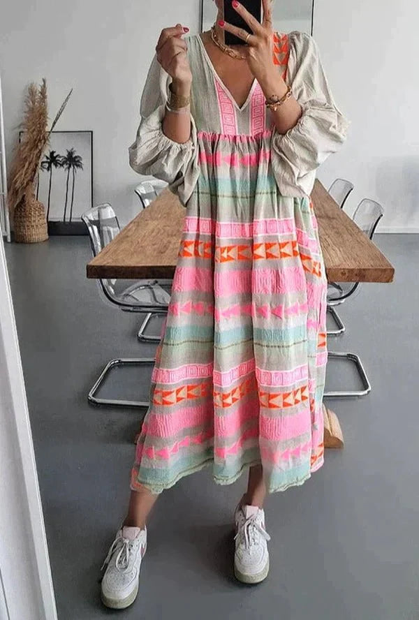 Women's Boho Striped Maxi Dress | Summer V-Neck-3