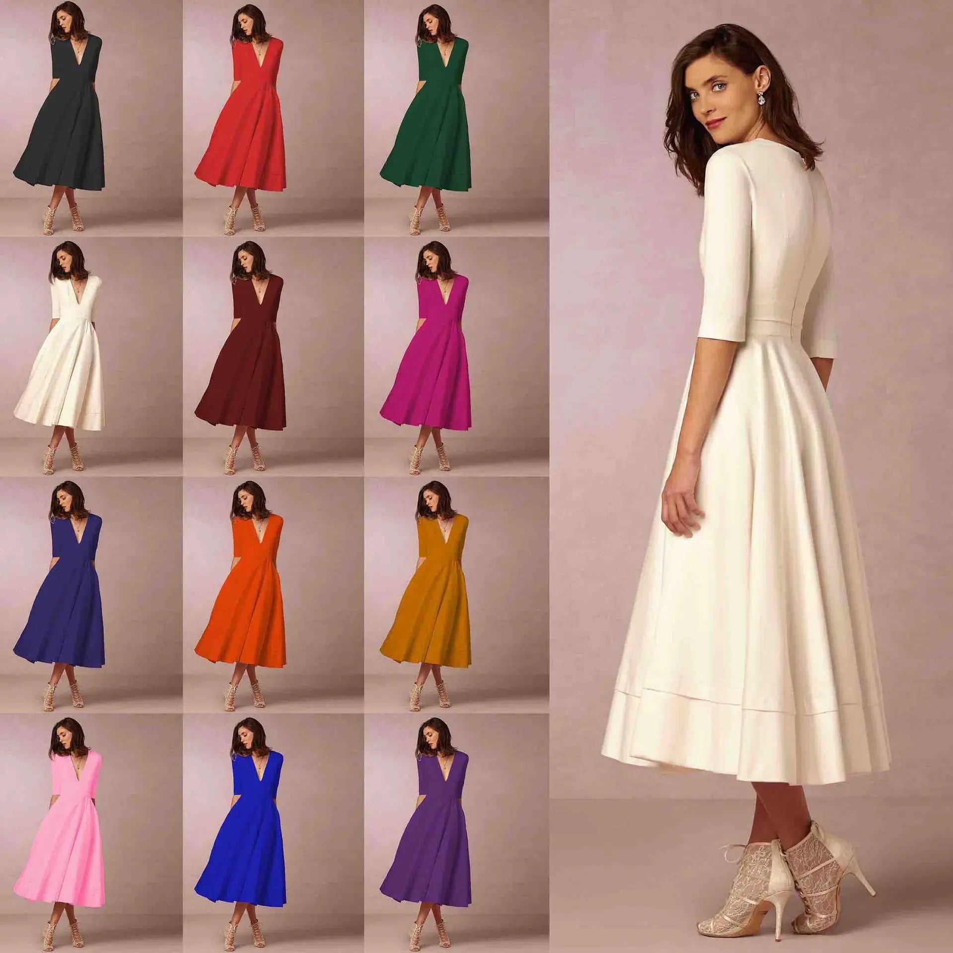 Women's Elegant Midi Dress | V-Neck A-Line White-13