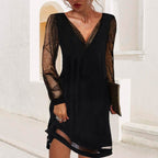 Women's Cocktail Mini Dress | V-Neck Mesh Sleeves-2