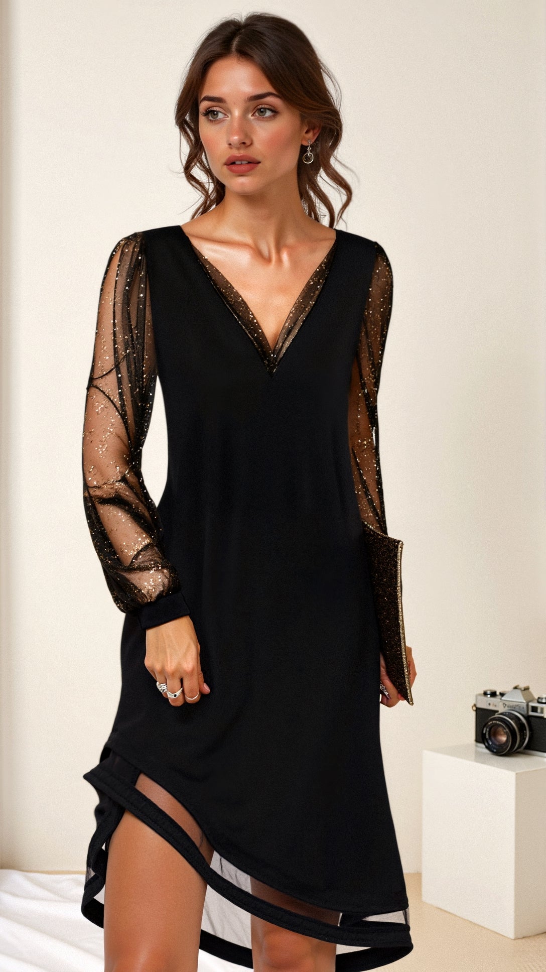 Women's Cocktail Mini Dress | V-Neck Mesh Sleeves-1