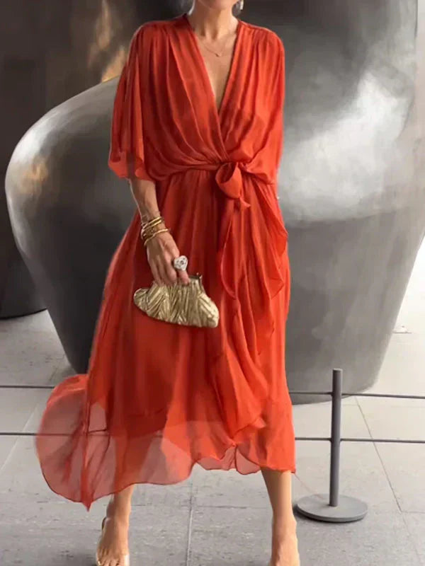 Women's Boho Midi Dress | V-Neck Belted Flowy-12