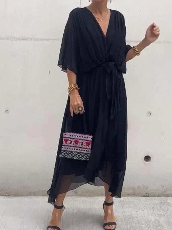 Women's Boho Midi Dress | V-Neck Belted Flowy-2