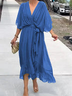 Women's Boho Midi Dress | V-Neck Belted Flowy-3