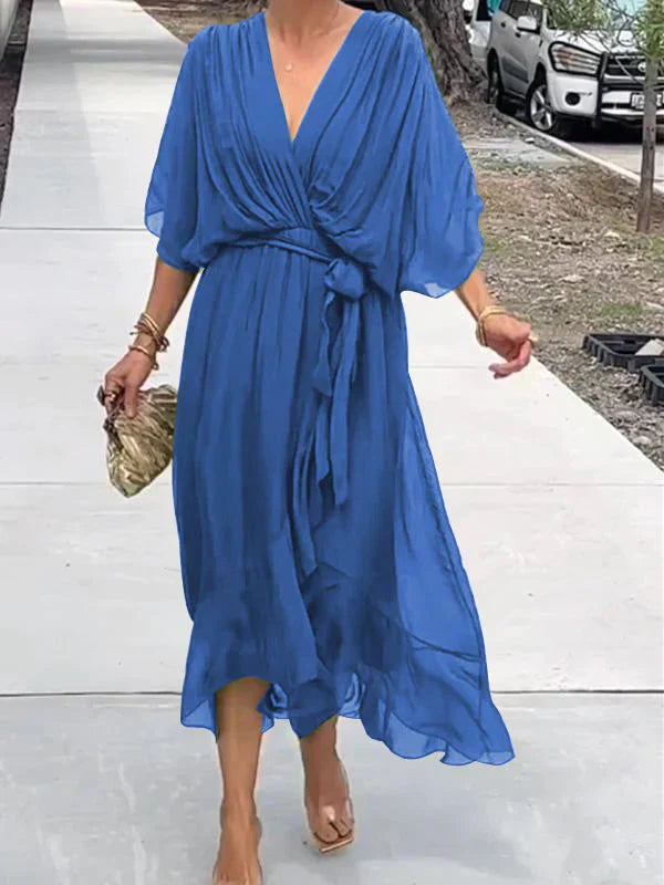 Women's Boho Midi Dress | V-Neck Belted Flowy-3