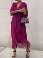 Women's Boho Midi Dress | V-Neck Belted Flowy-8