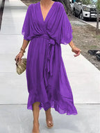 Women's Boho Midi Dress | V-Neck Belted Flowy-4