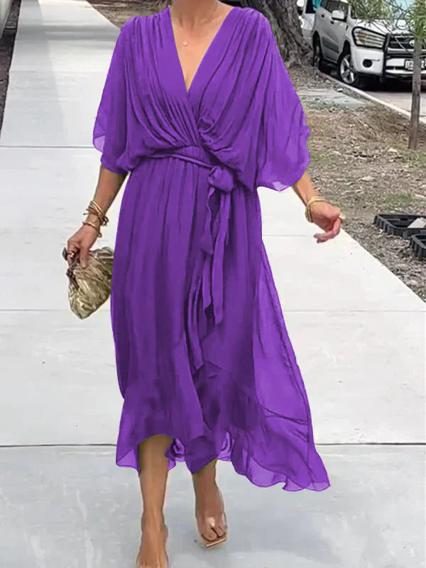 Women's Boho Midi Dress | V-Neck Belted Flowy-4
