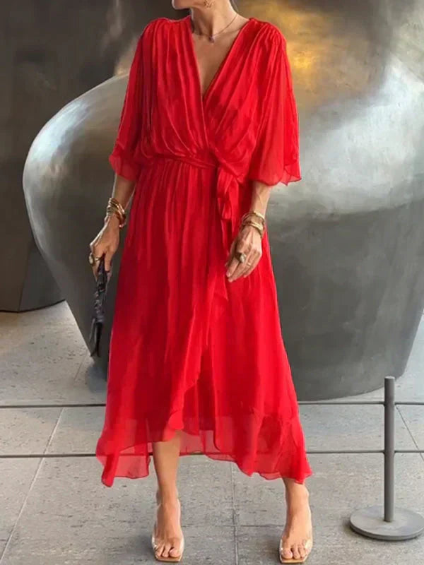 Women's Boho Midi Dress | V-Neck Belted Flowy-9