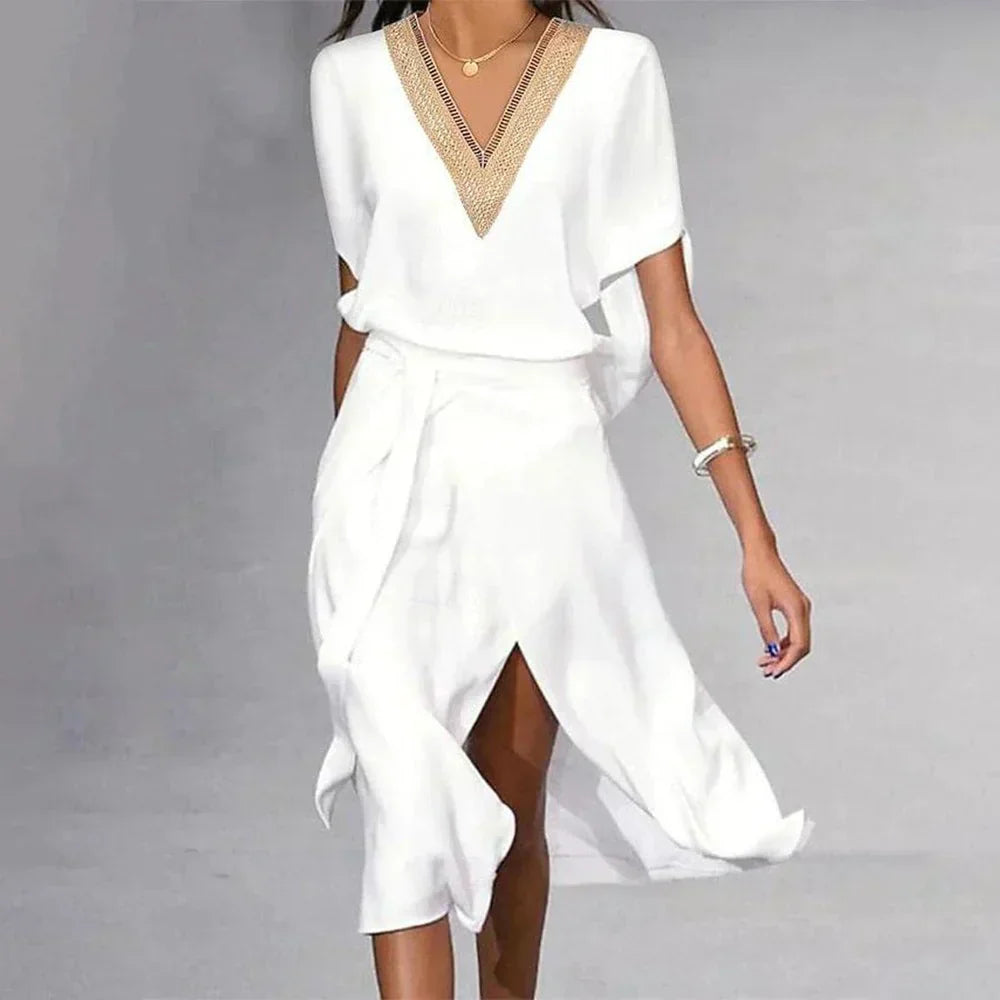 Women's White Wrap Midi Dress | V-Neck Elegant-1