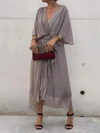Women's Boho Midi Dress | V-Neck Belted Flowy-6