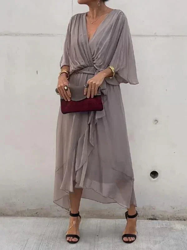 Women's Boho Midi Dress | V-Neck Belted Flowy-6
