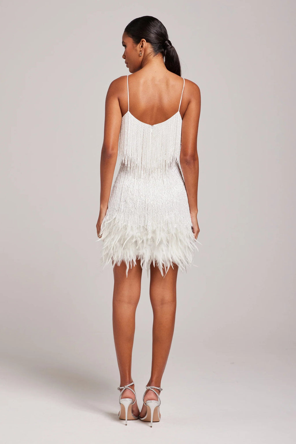 Women's White Feather Trim Mini Dress | Spaghetti Strap-4