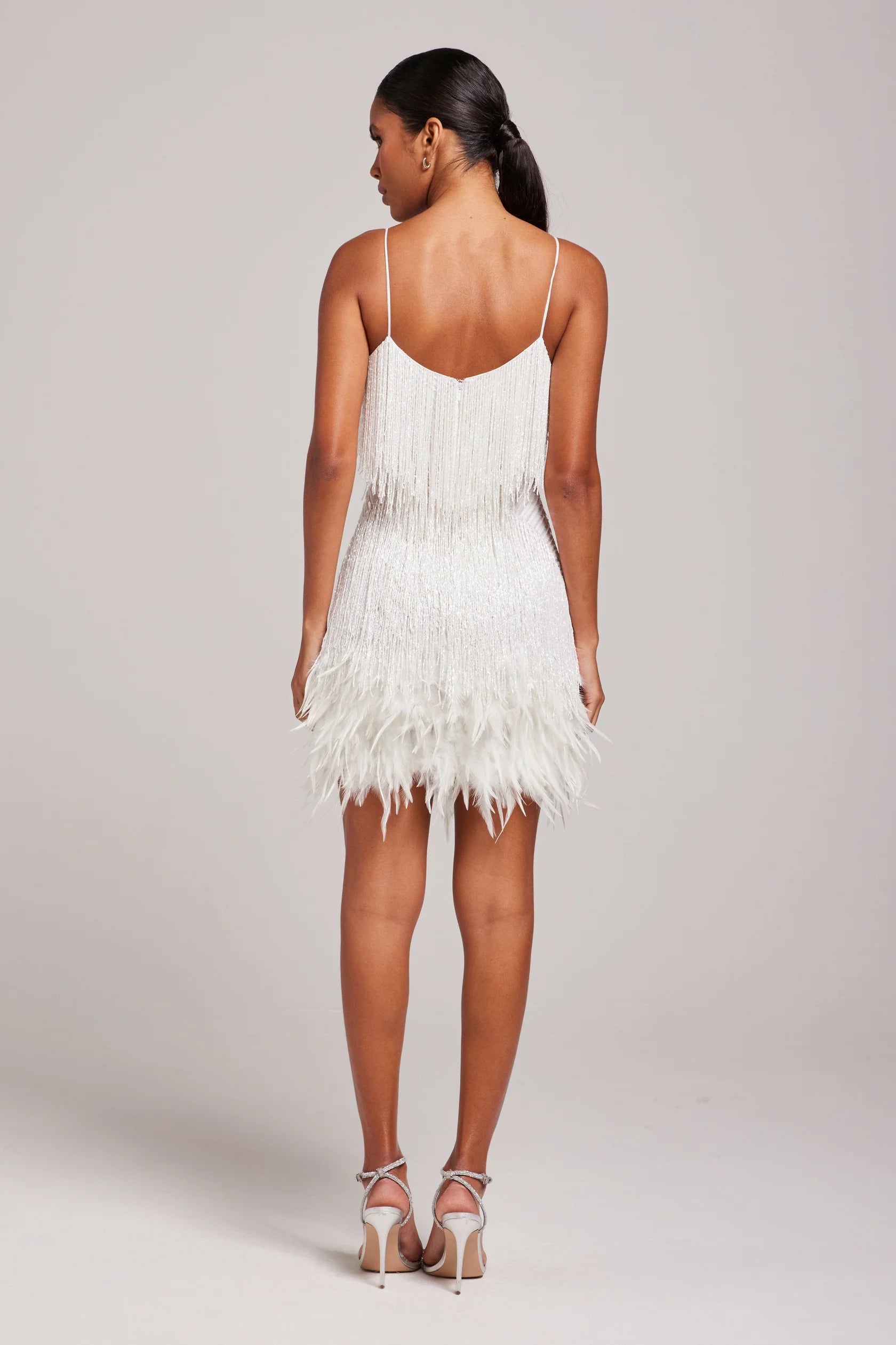 Women's White Feather Trim Mini Dress | Spaghetti Strap-4