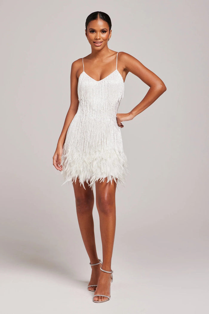 Women's White Feather Trim Mini Dress | Spaghetti Strap-1
