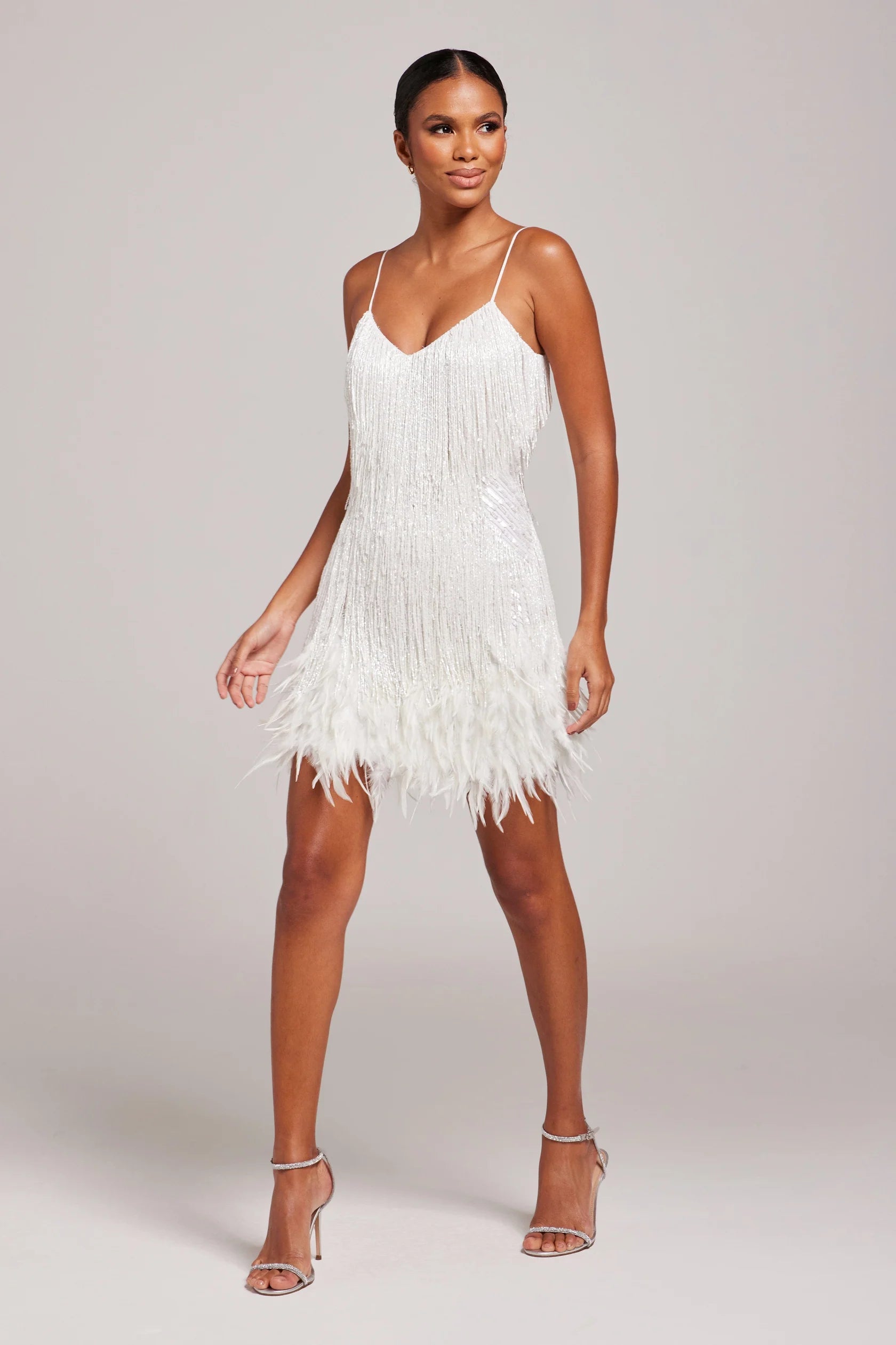 Women's White Feather Trim Mini Dress | Spaghetti Strap-2