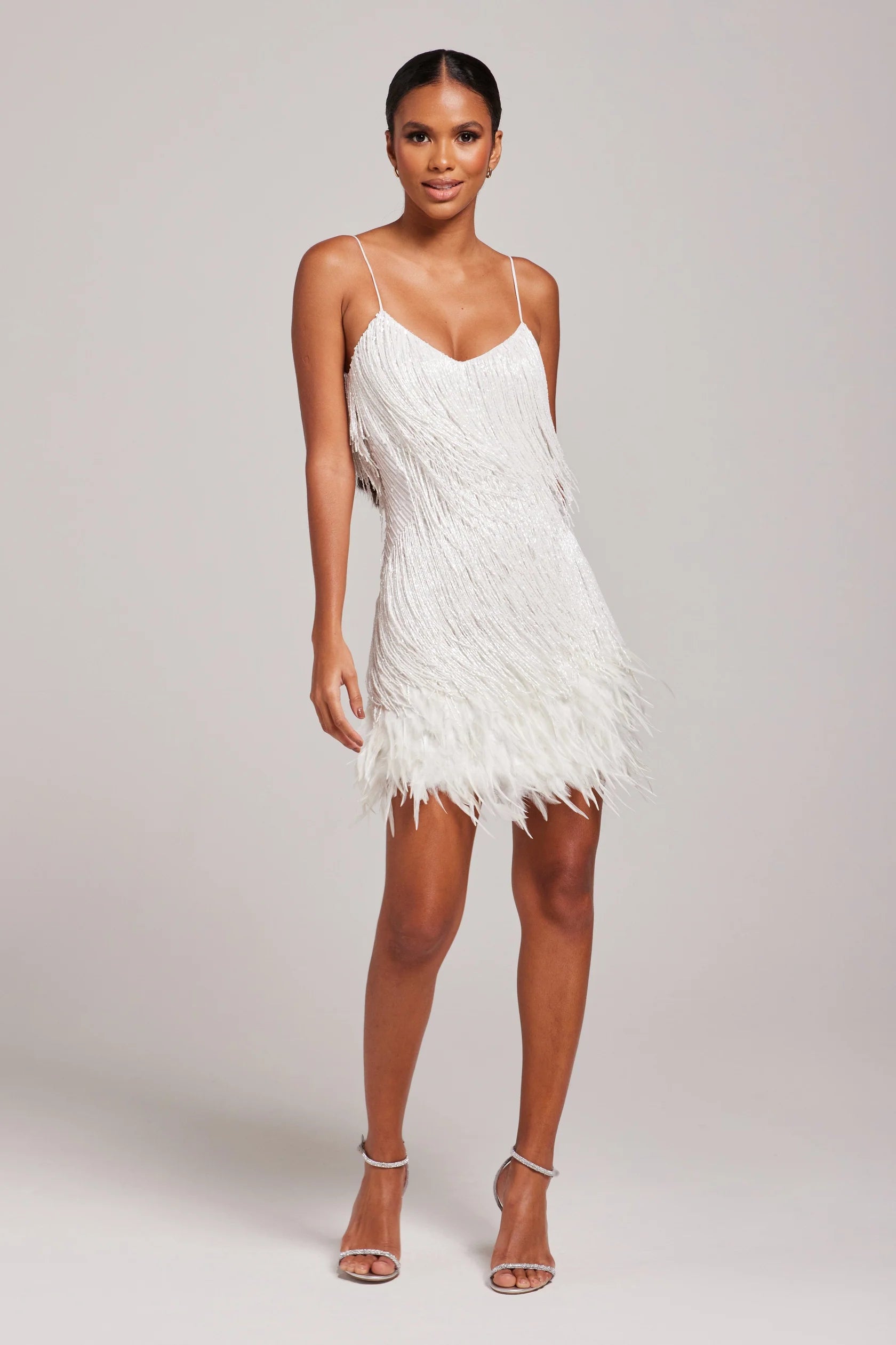 Women's White Feather Trim Mini Dress | Spaghetti Strap-3