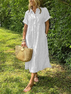 Women's Striped Midi Dress | Button-Down Short Sleeve-2
