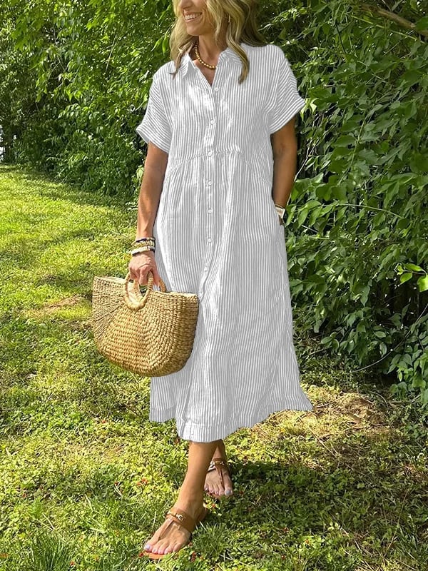 Women's Striped Midi Dress | Button-Down Short Sleeve-2