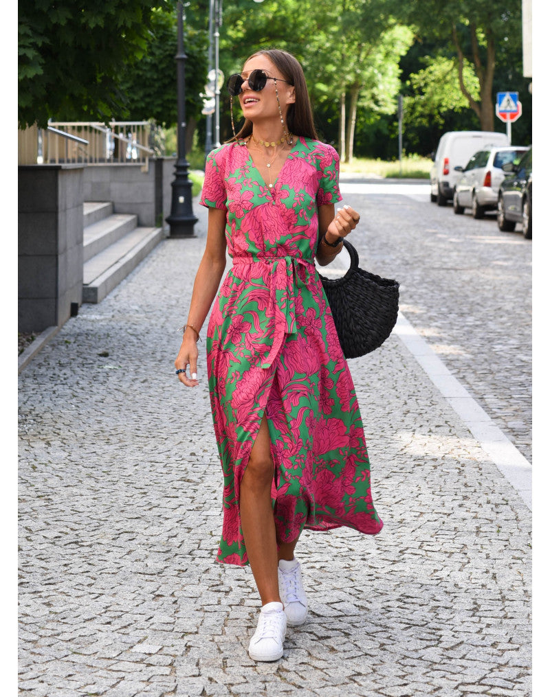 Women's Floral Wrap Midi Dress | Summer V-Neck-1