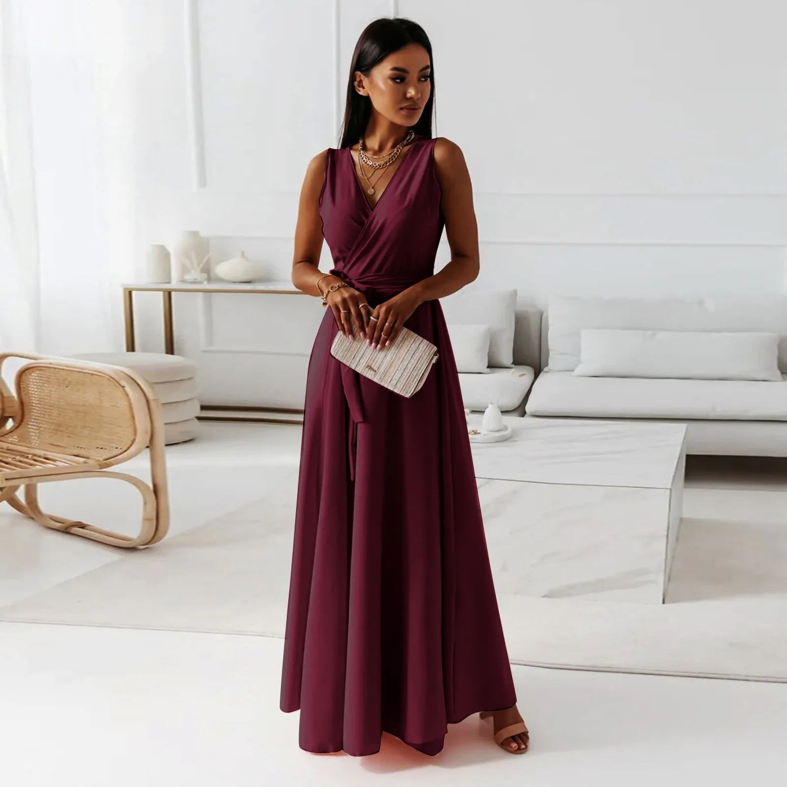 Women's Wrap Maxi Dress | Sleeveless V-Neck Teal-2