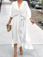 Women's Boho Midi Dress | V-Neck Belted Flowy-7