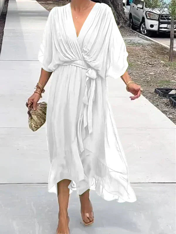 Women's Boho Midi Dress | V-Neck Belted Flowy-7