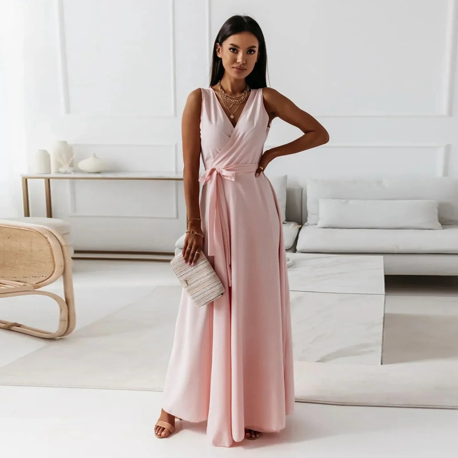 Women's Wrap Maxi Dress | Sleeveless V-Neck Teal-10
