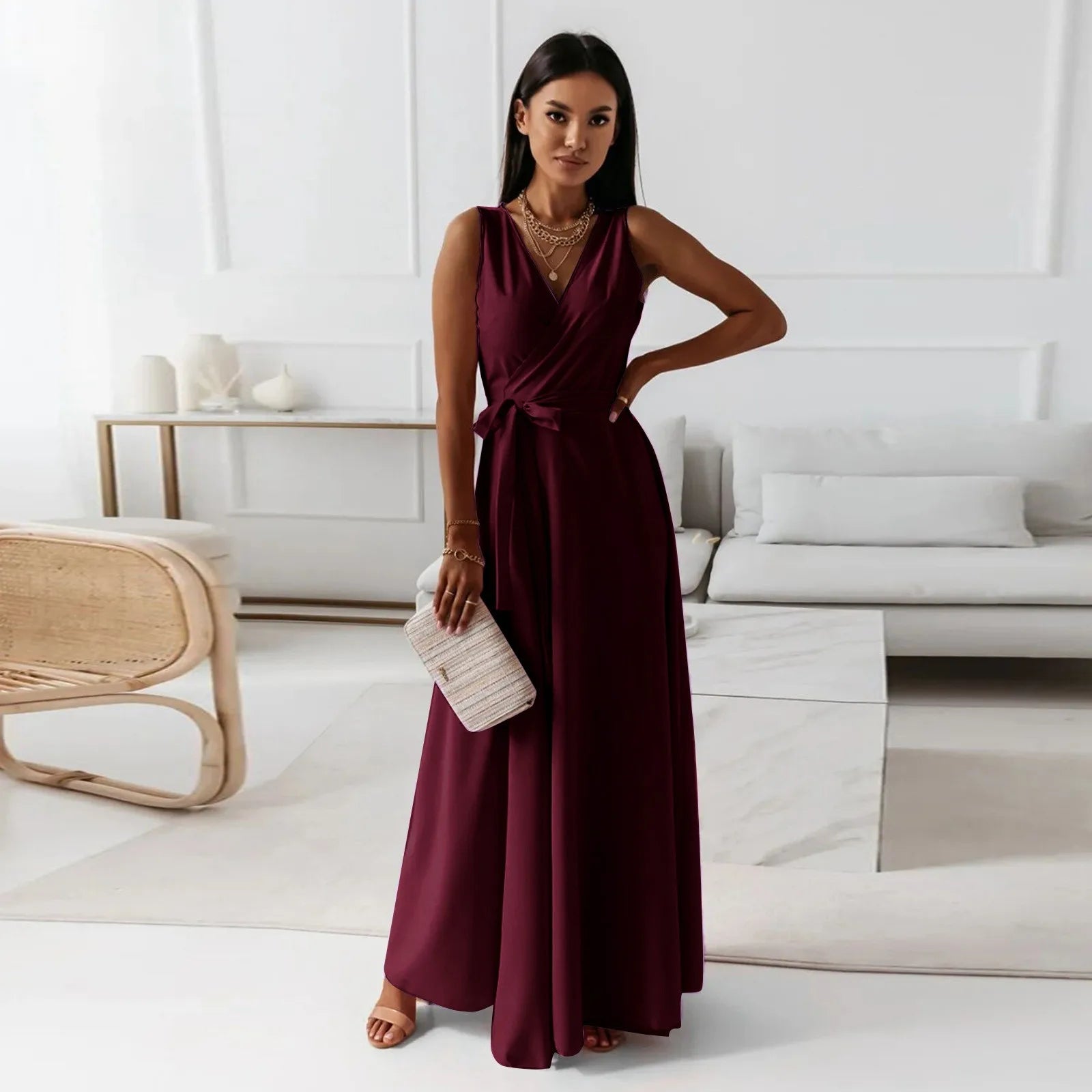 Women's Wrap Maxi Dress | Sleeveless V-Neck Teal-3
