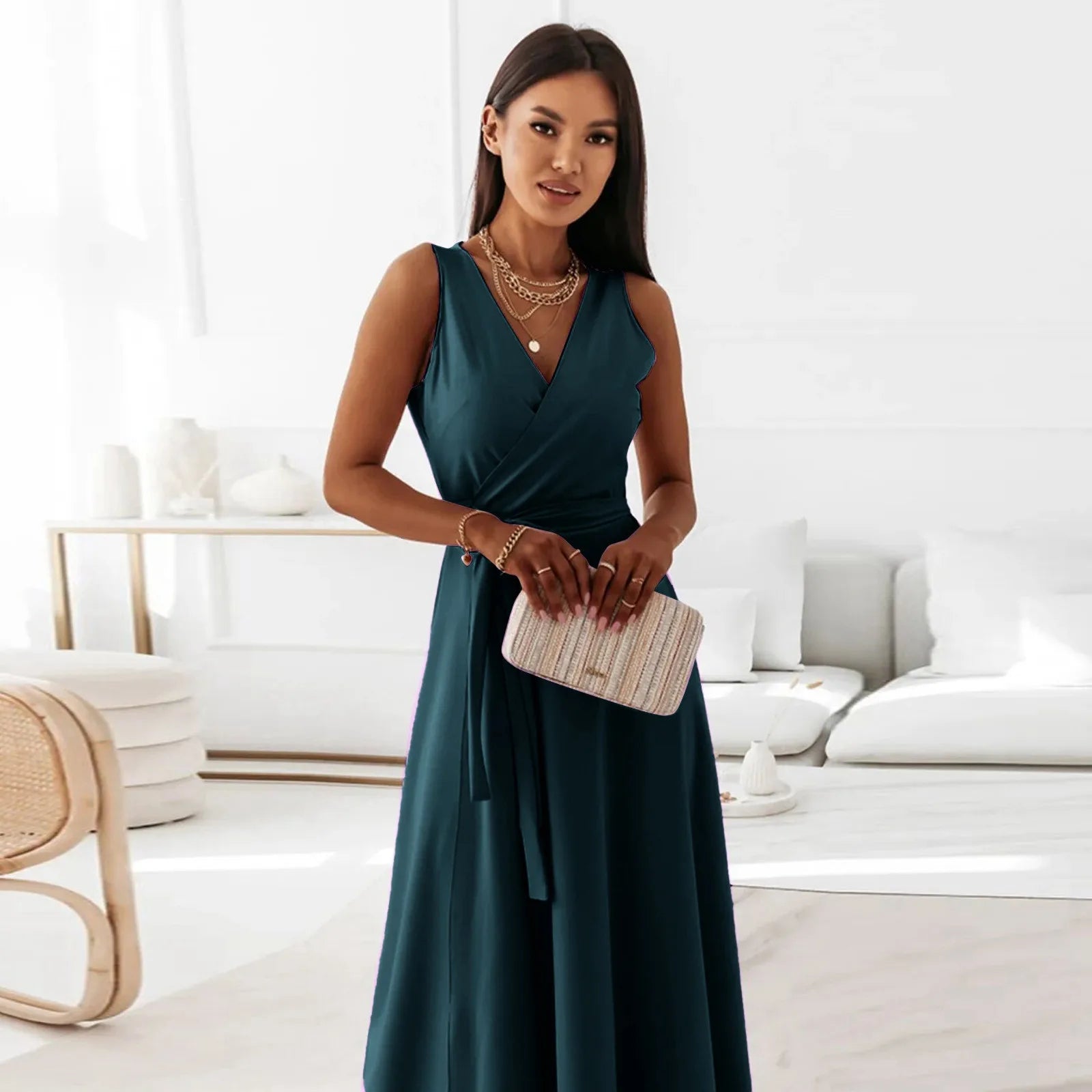 Women's Wrap Maxi Dress | Sleeveless V-Neck Teal-9