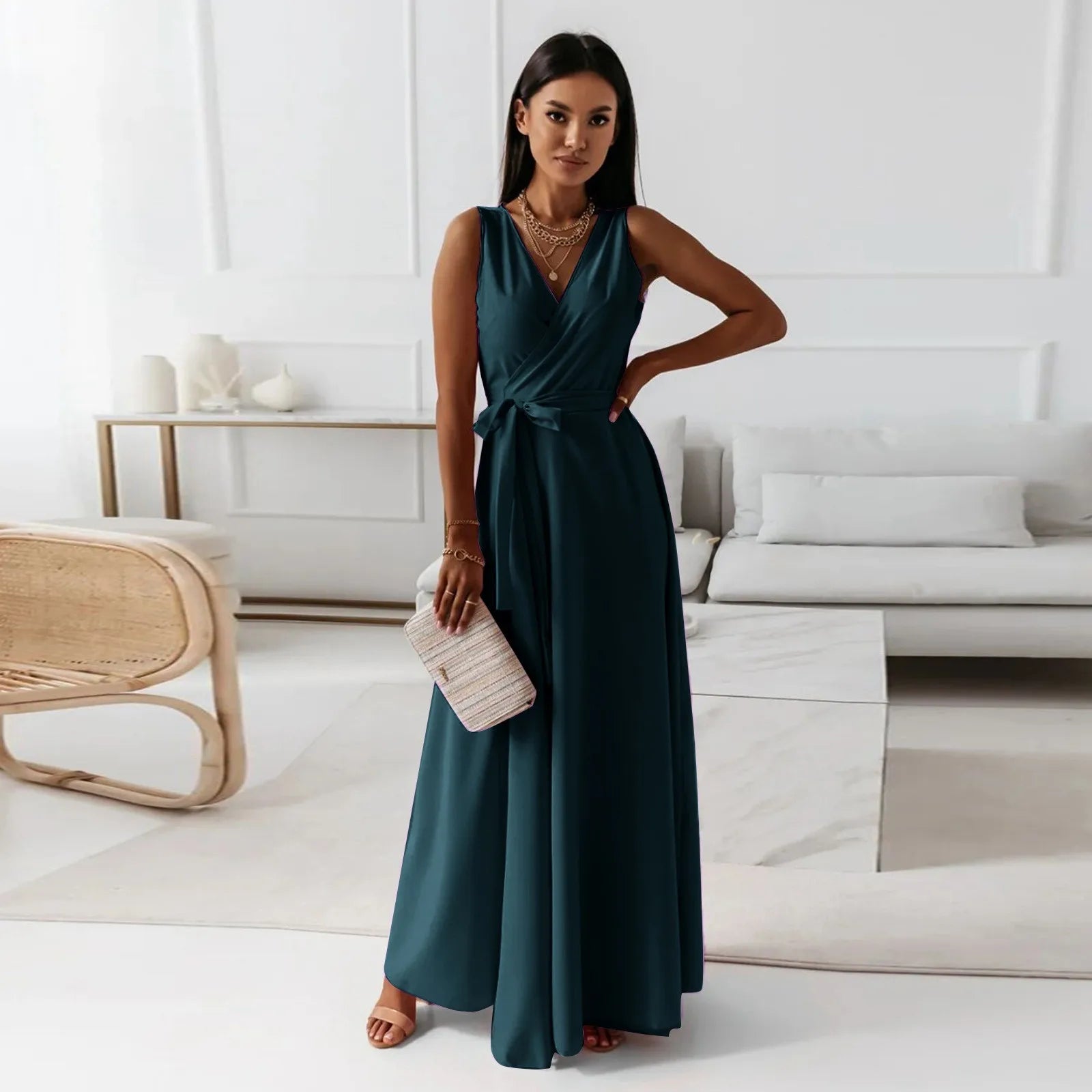 Women's Wrap Maxi Dress | Sleeveless V-Neck Teal-1