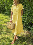 Women's Striped Midi Dress | Button-Down Short Sleeve-8