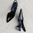Women's Black Pointed Toe Slingback Pumps | Block Heel-1