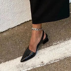 Women's Black Pointed Toe Slingback Pumps | Block Heel-7
