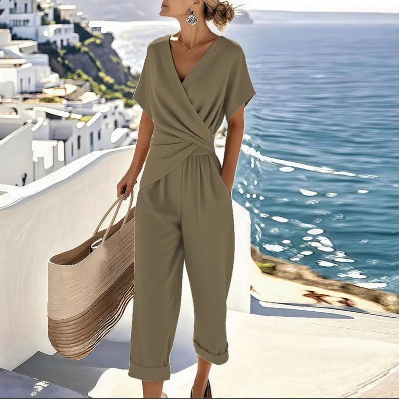 Women's Wrap V-Neck Jumpsuit | Cropped Wide Leg-3